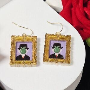Son of Man Portrait Art Earrings Ornate Gold Frame Surreal Apple Face Painting